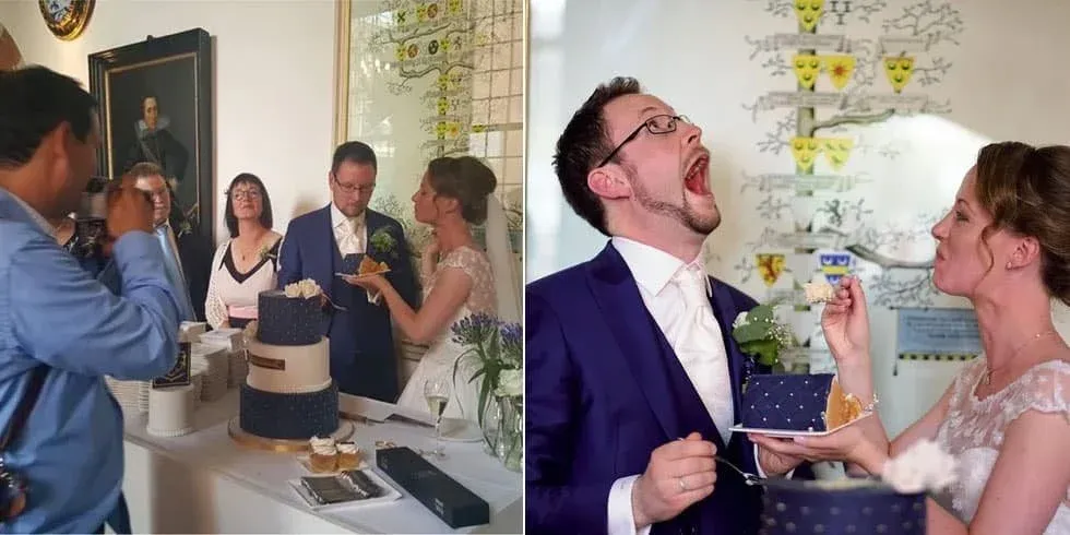 Links Stefan fotografeert het aansnijden van de taart tussen de gasten, rechts het resultaat
