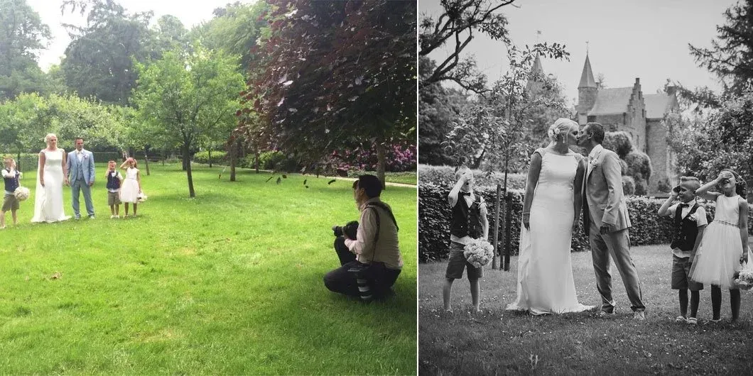 Links Stefan op de grond in het park met het bruidspaar en kinderen, rechts de zwart-witfoto van de familie