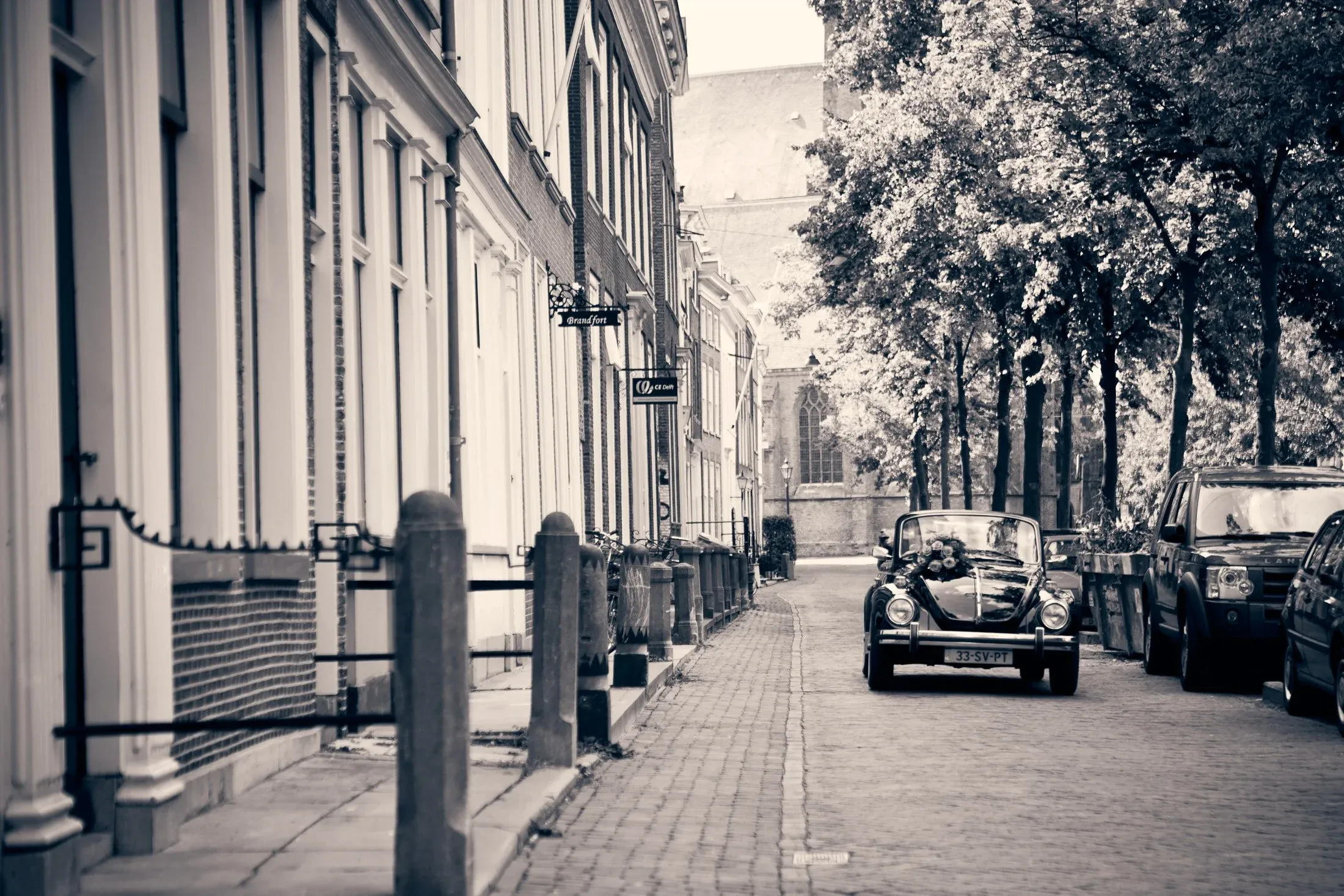 Een straat met historische gebouwen, enkele auto's geparkeerd, en bomen aan de rechterkant, in zwart-wit.