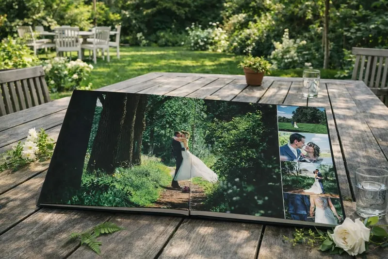 Een opengeslagen trouwalbum op een houten tuintafel tussen het groen