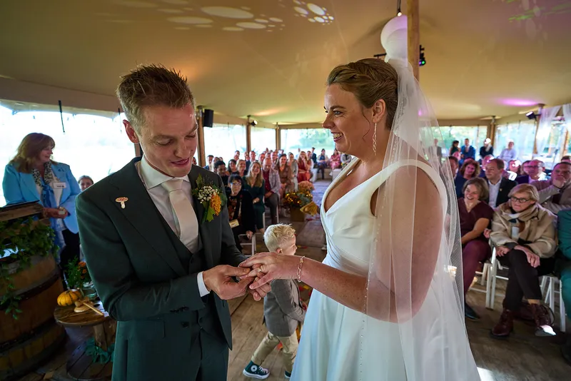 Twee kleine ringdragers in tweed lopen over het gangpad met rozenblaadjes