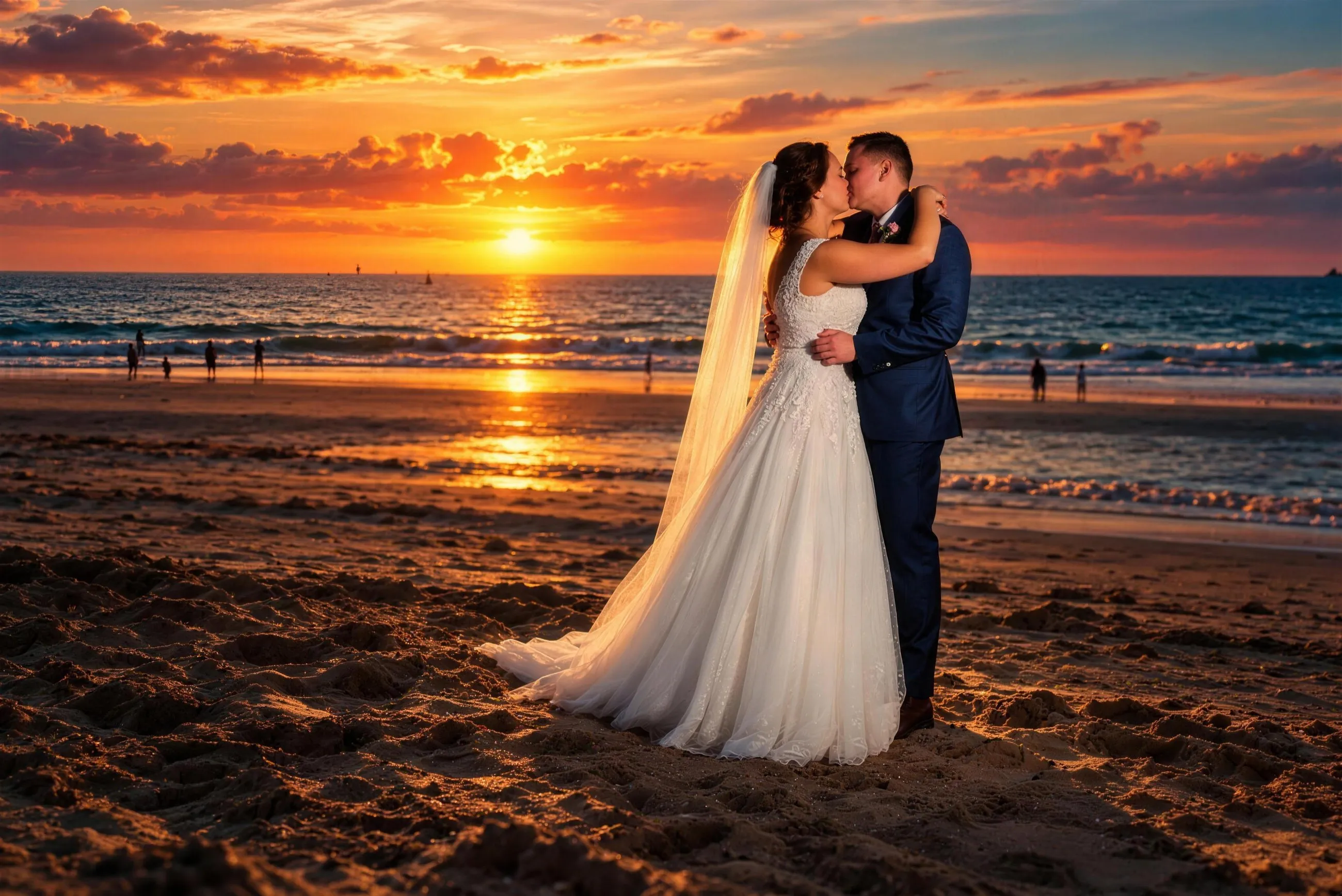Bruidspaar kust op het strand bij een gouden zonsondergang boven zee