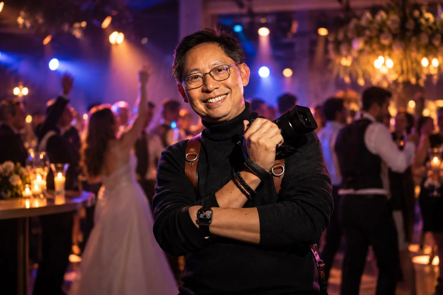 Chris Lans lachend met zijn camera op een feest, met het bruidspaar dansend op de achtergrond