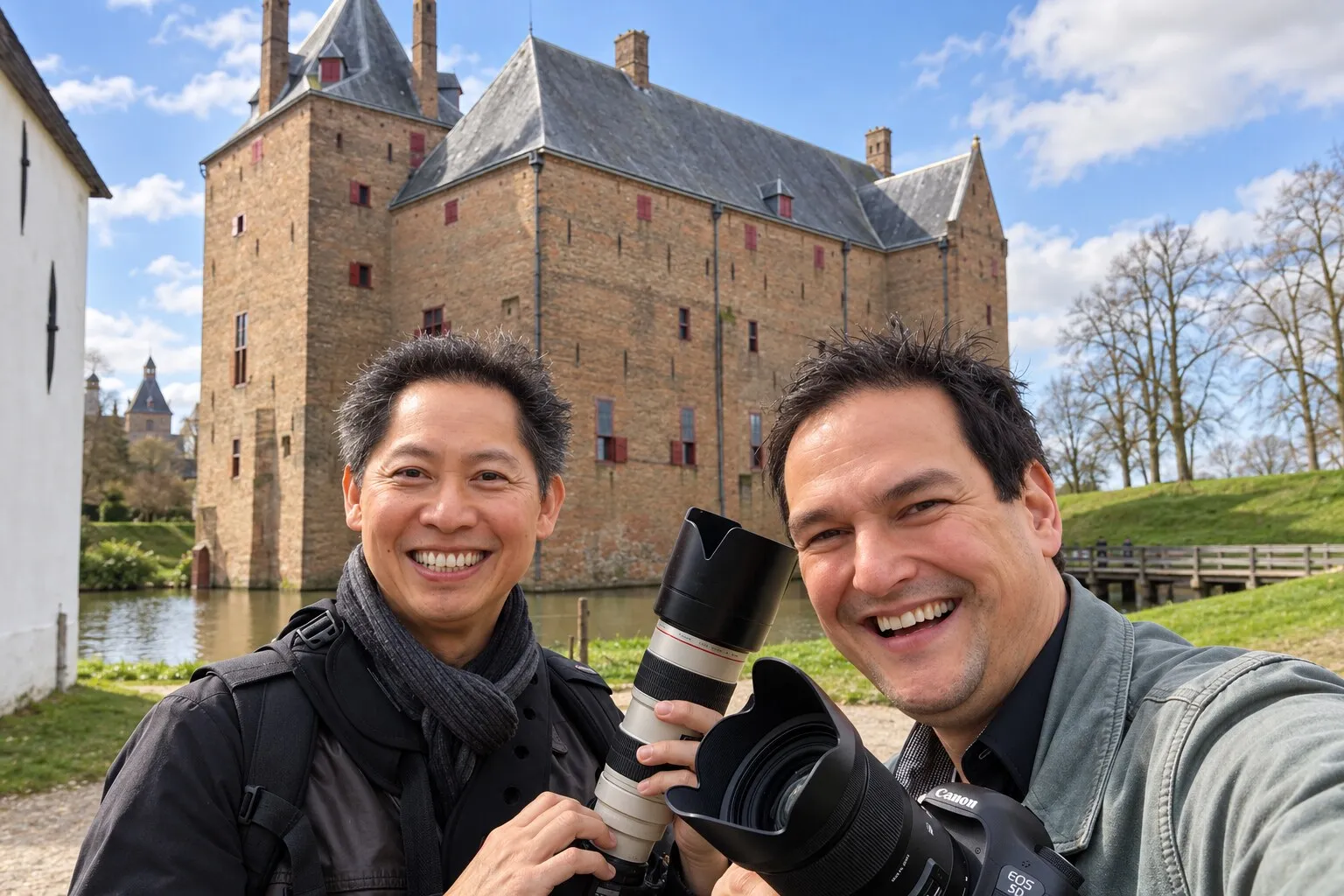 Selfie van Chris en Stefan met hun camera’s voor een kasteel