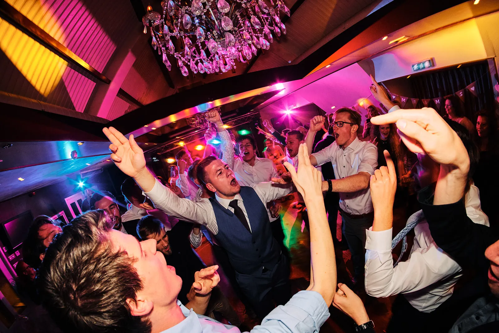 Volle dansvloer met handen in de lucht onder roze en paarse feestverlichting