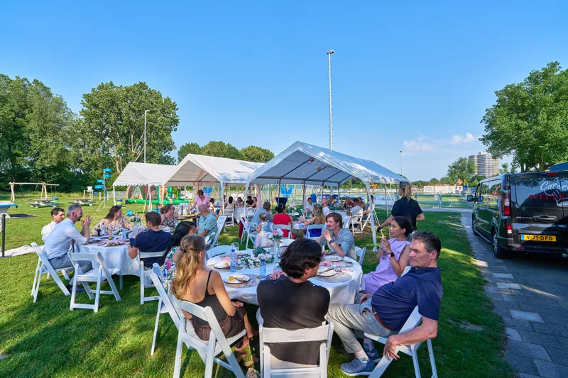 De gasten aan lange tafels op het gras van Phoenix