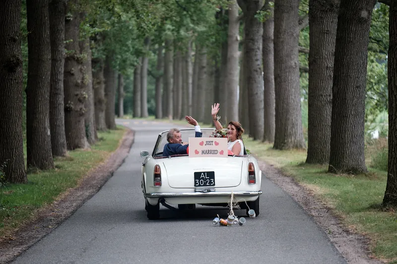 De witte cabriolet rijdt over de laan van het landgoed