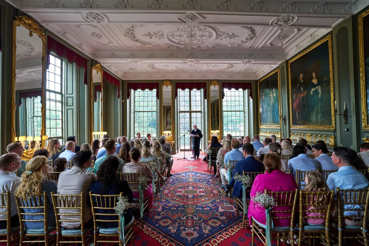 De trouwzaal van Kasteel Duivenvoorde met alle gasten, onder het versierde plafond