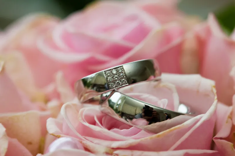 De twee trouwringen tussen de roze rozen, van dichtbij