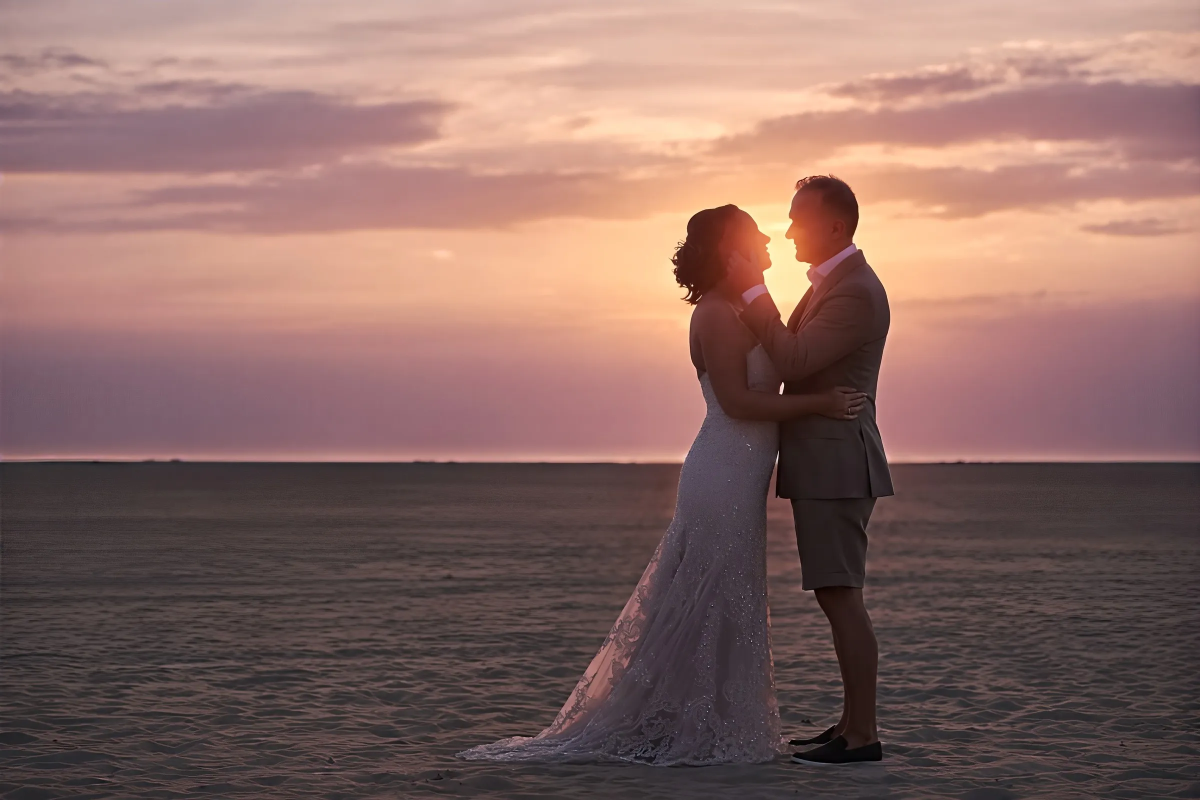 Bruidspaar staat tegen elkaar aan op het strand bij een roze zonsondergang