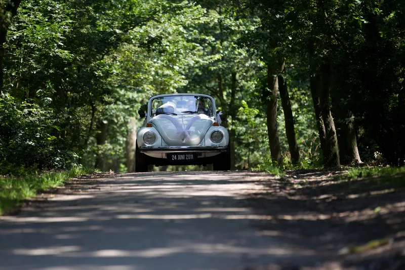 De Kever rijdt door een laan