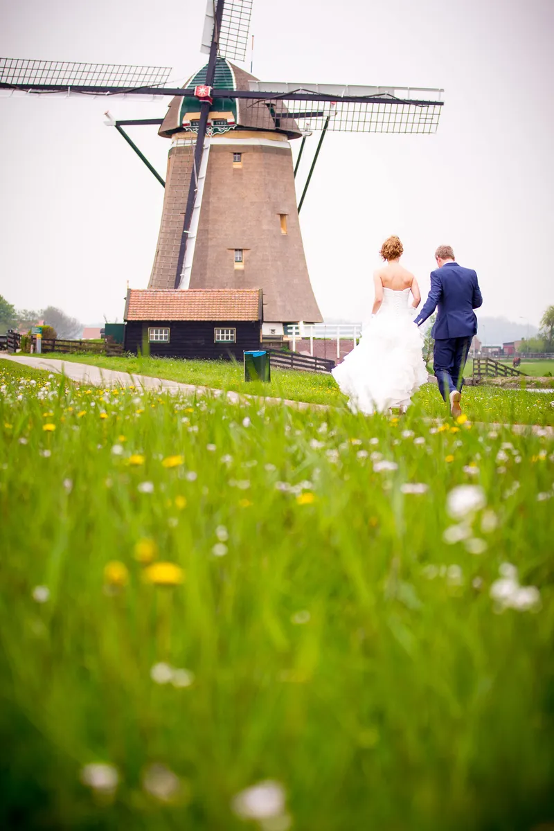 Desirée en Marcel lopen tussen de bloemetjes naar de molen
