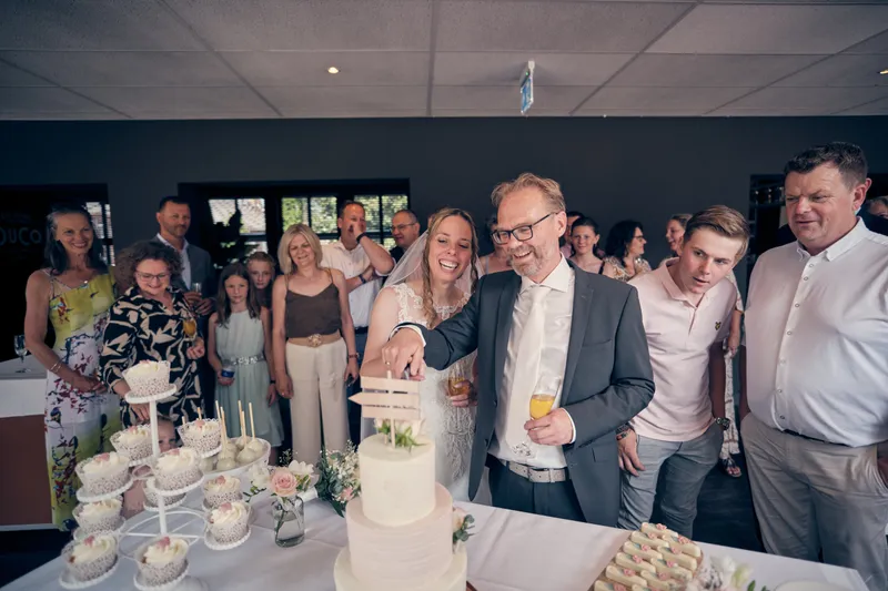 Mike en Ilja snijden samen de bruidstaart aan