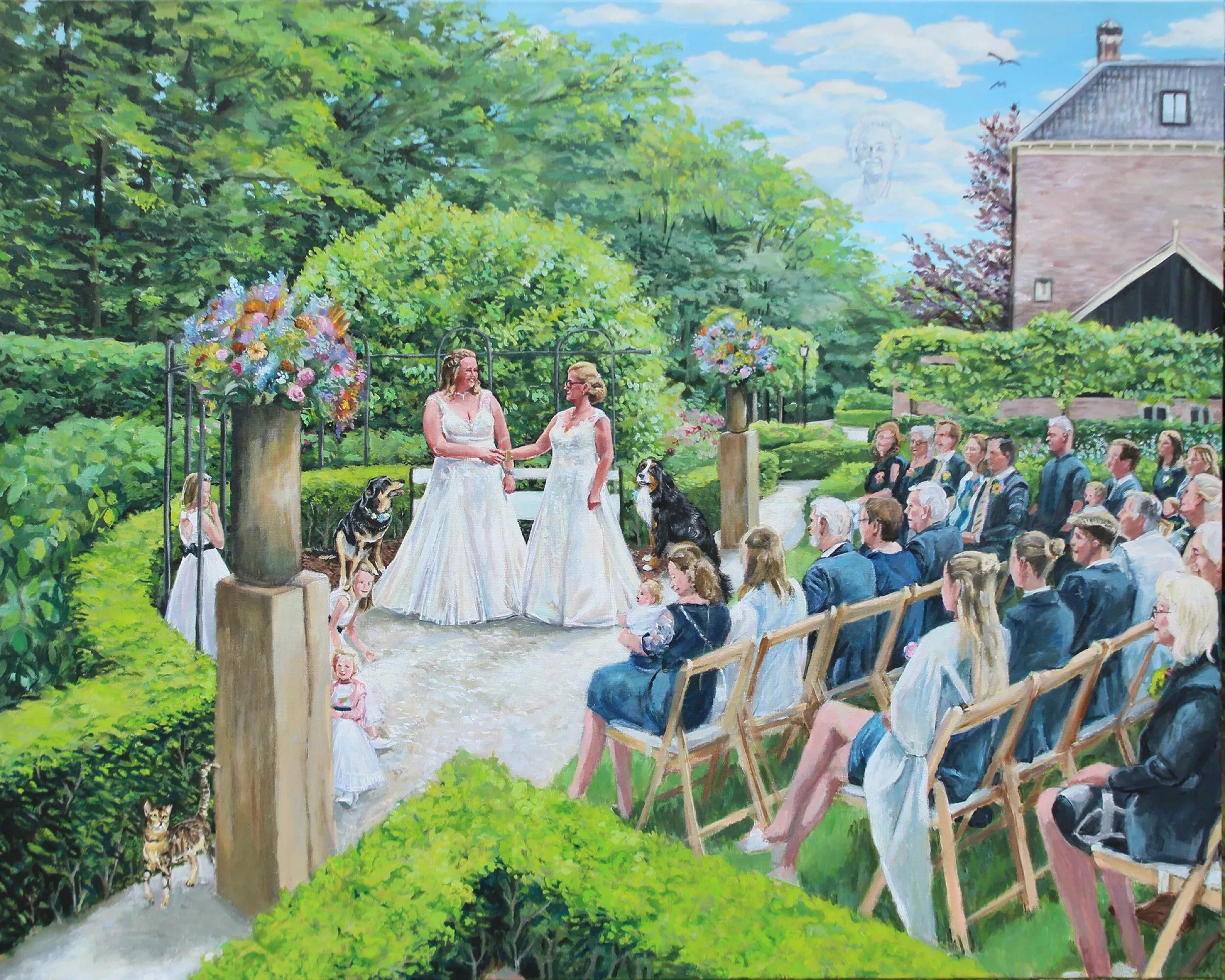 Schilderij van de ceremonie van twee bruiden onder een boog in de tuin, met gasten en honden