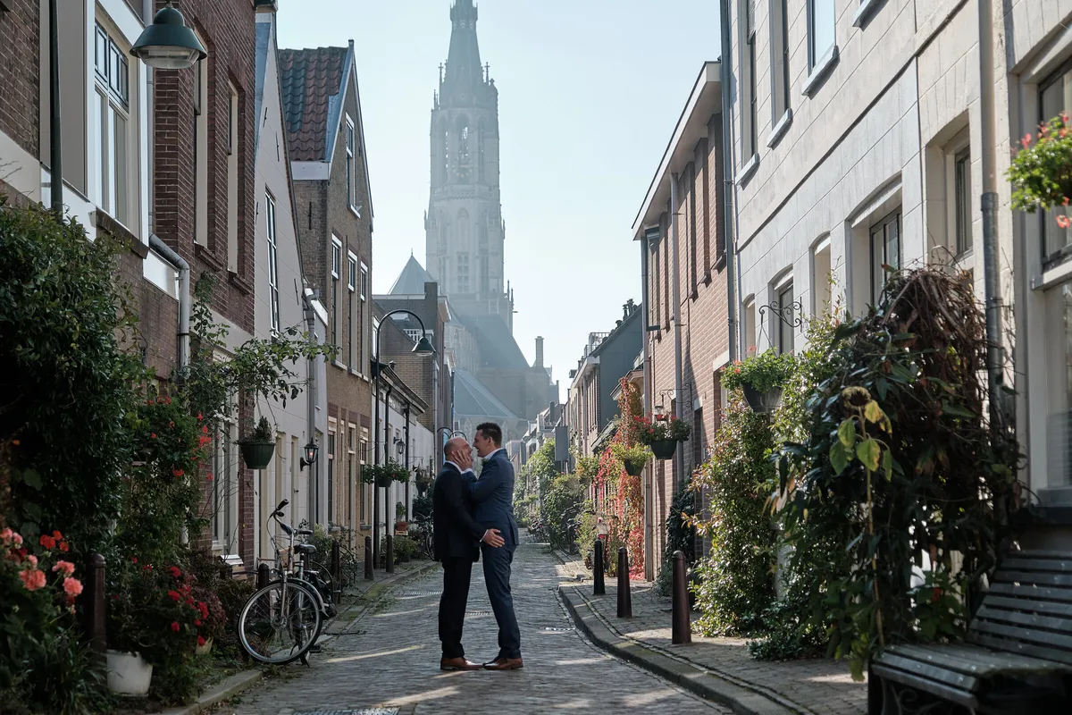 Mathijs en Jeroen klein in een straatje met fietsen en de kerktoren erachter