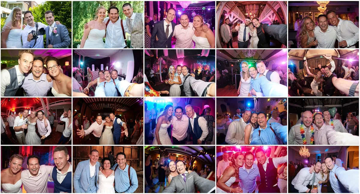 Collage van feestelijke selfies van Stefan met bruidsparen en gasten op bruiloften