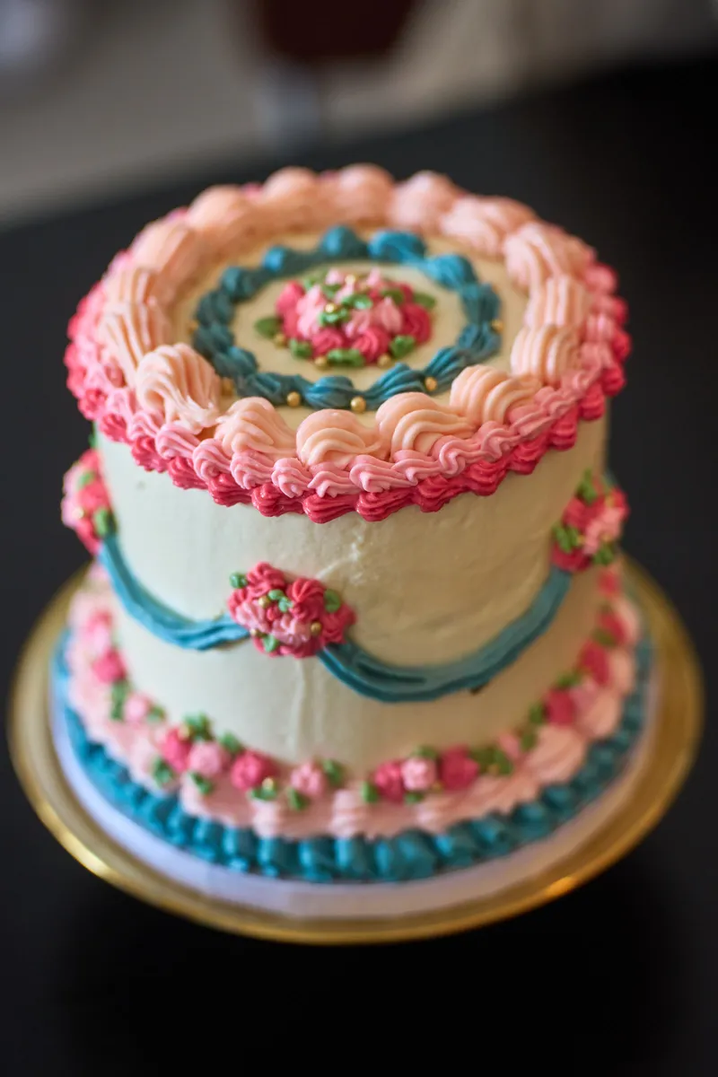 De taart met roze en blauwe toefjes van dichtbij