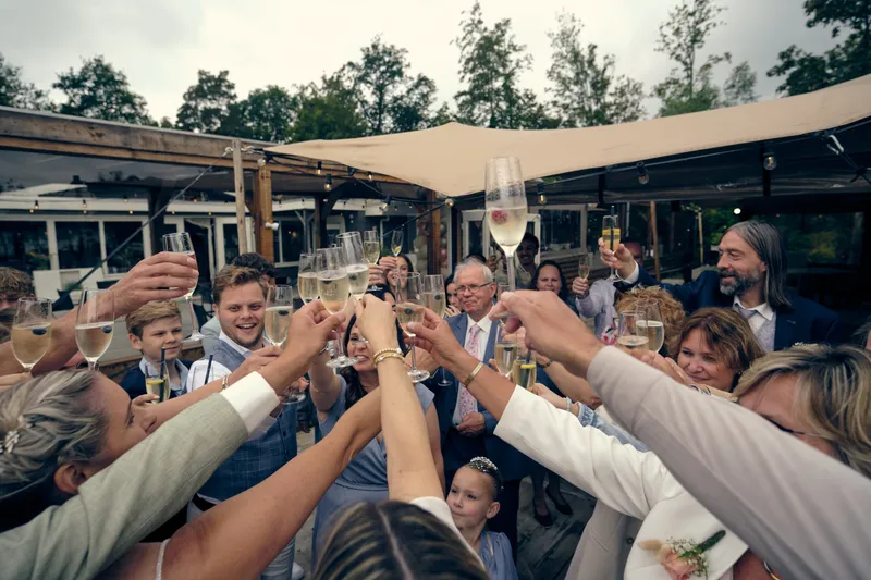 Alle gasten proosten met de glazen omhoog
