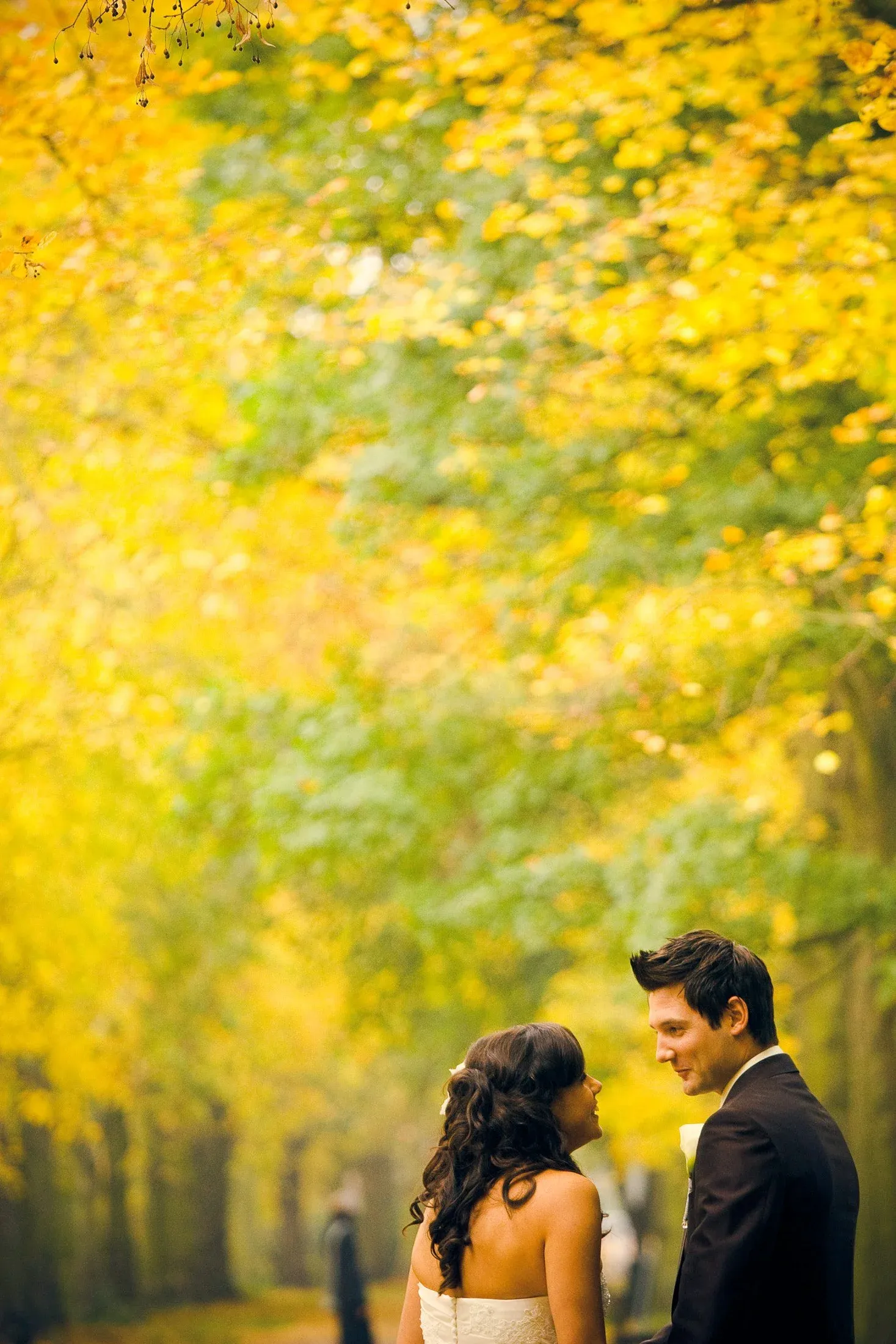 Een koppel stapt in een herfstbos, de vrouw draagt een witte jurk en de man een zwarte pak, ze kijken liefdevol naar elkaar.