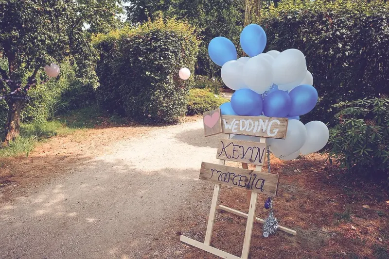 Blauwe ballonnen en een houten wegwijzer bij een pad