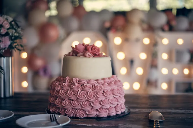De roze bruidstaart met lichtjes erachter