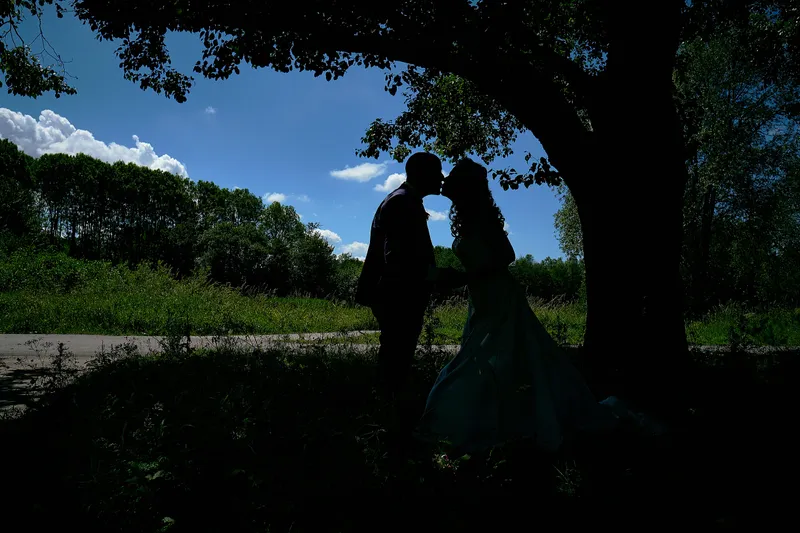 Silhouet van Chantal en Ramon die kussen onder een grote boom