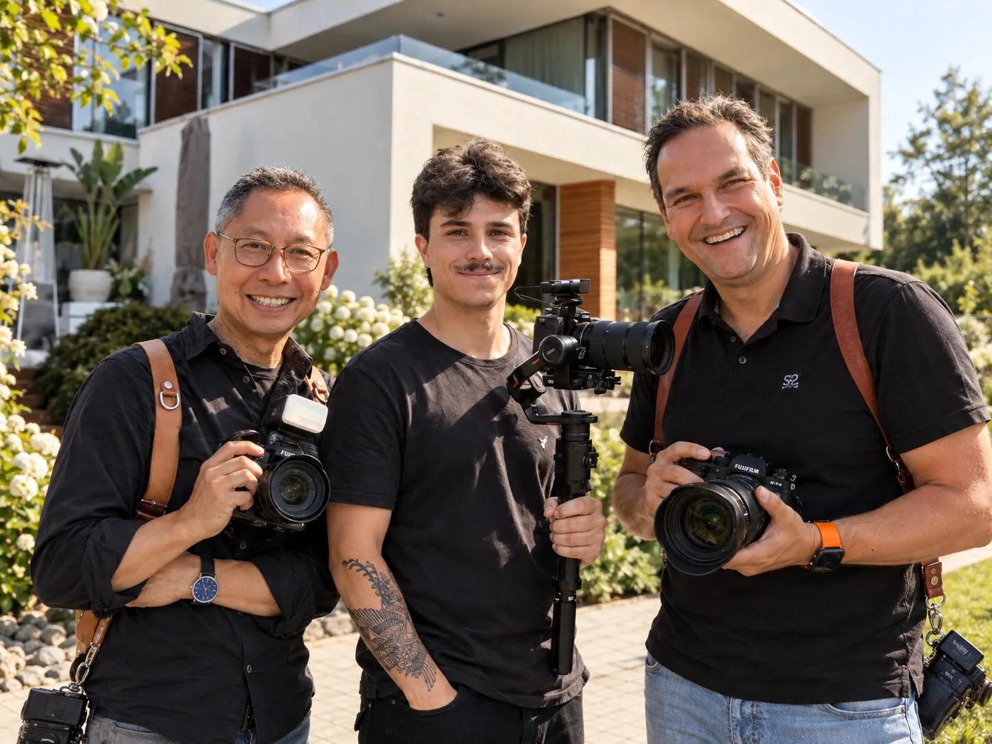 Chris, Tomas en Stefan met hun camera’s voor een moderne villa